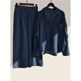 thumbnail image 3 of Women'S 2 Pieces Cotton Linen Loungewear Button Down Shirt and Wide-Leg Pants Set Navy Blue XL, 3 of 4