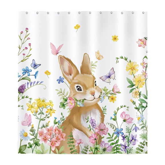 Spring Easter Bunny Shower Curtains for Bathroom, Cute Rabbit Floral Plant Watercolor Shower Curtain with 12 Hooks, Home Bathtubs Decor 72"x72"