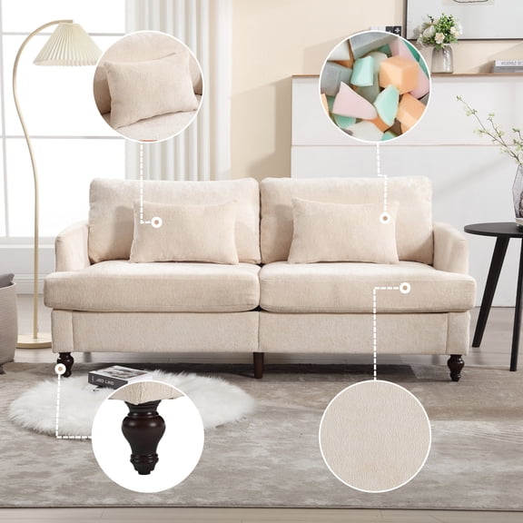 Mid Century Modern chenille Fabric Loveseat sofa, 2-Seat Upholstered Loveseat Sofa Modern Couch for Living Room,Brown wood feet sofa for Bedroom, Reading (Beige Chenille)