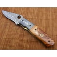 thumbnail image 2 of 7.5" folding knife Damascus steel blade with finger hole, Rose wood scale with Damascus Bolster, Equipped with Liner lock, comes with Cow hide Leather sheath, 2 of 7