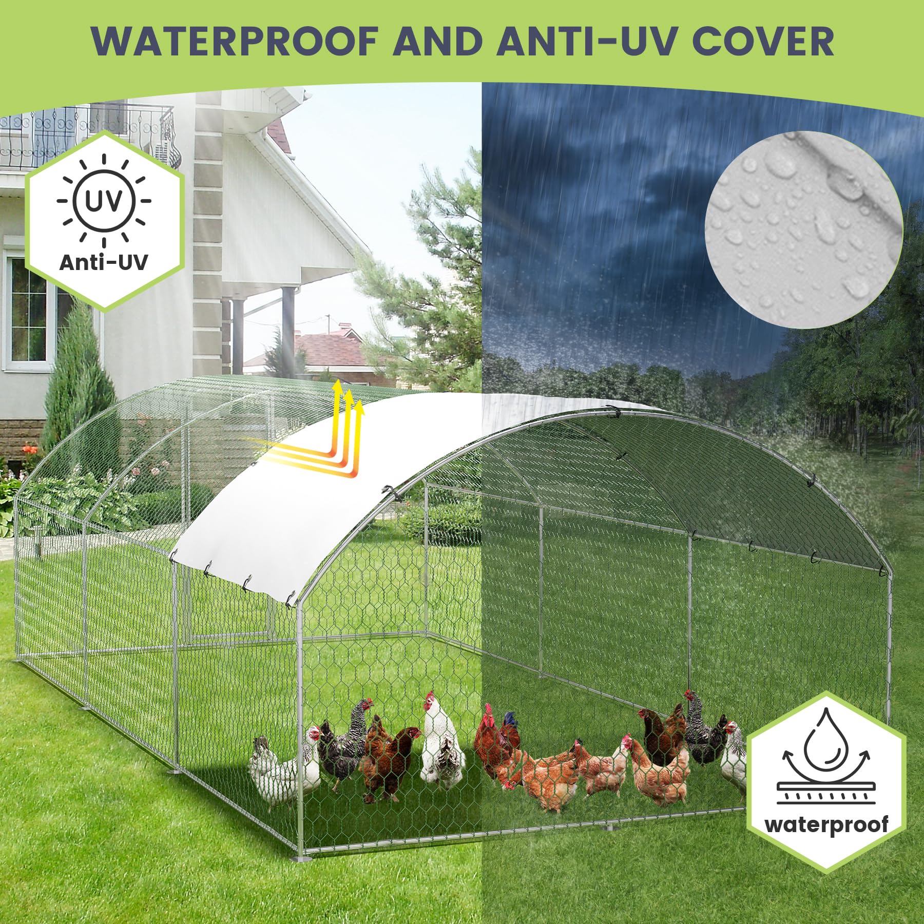 Large Metal Chicken Coop, Large Chicken Coop for Yard, Walk-in Poultry Cage with Waterproof and Anti-Uv Cover, Chicken Run for Outdoor Backyard Farm, Doom Roof, 9.8×19.7×6.6ft
