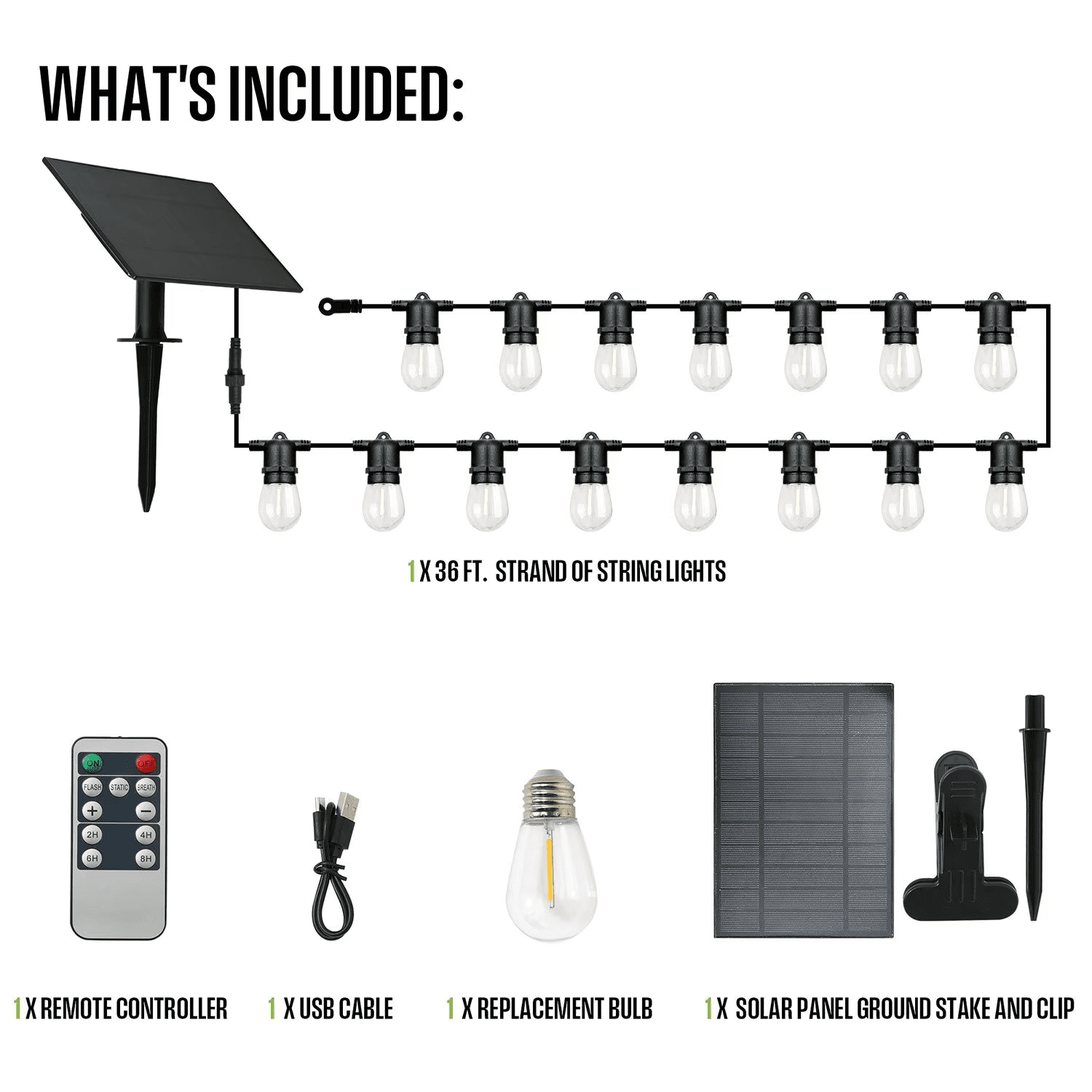Westinghouse 36' Solar Outdoor String Lights, Waterproof Patio Lights,15 Bulbs with Remote Control for Patio Yard Garden Decor
