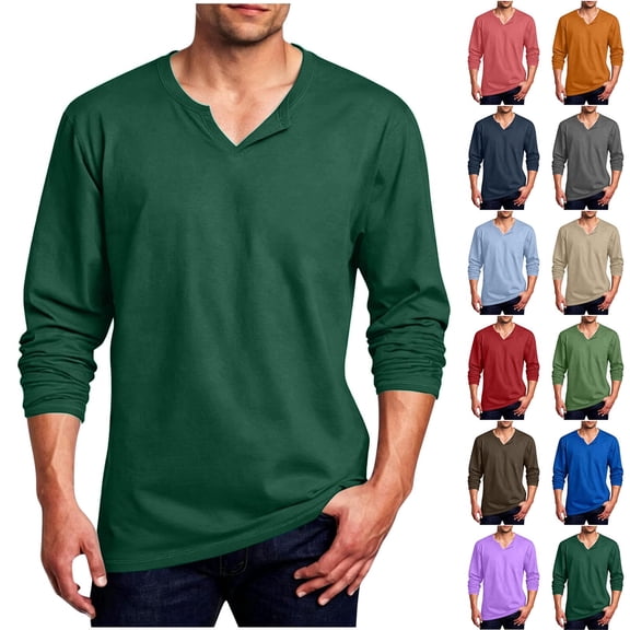 ZRGHAOYLQ Big and Tall Men's Solid Color V Neck Shirts Long Sleeve Casual Notch Neck Tops Comfortable Breathable Shirts for Men