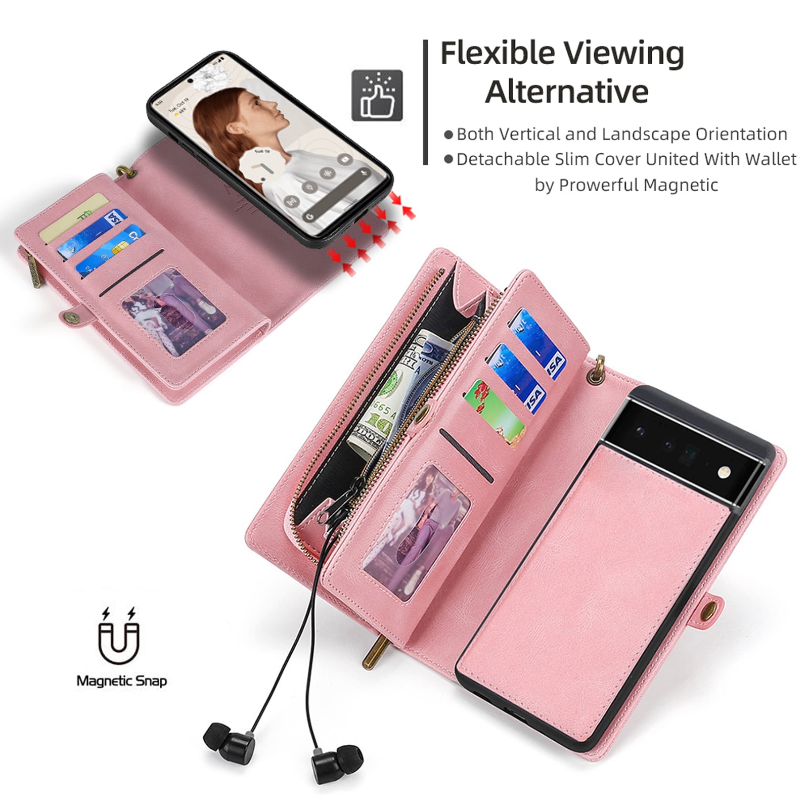 Defencase for Google Pixel 7 Pro Case for Women Men, Removable Durable PU Leather Magnetic Flip Strap Wristlet Zipper Purse Card Holder Detachable Wallet Phone Cases for Google Pixel 7 Pro, Pink