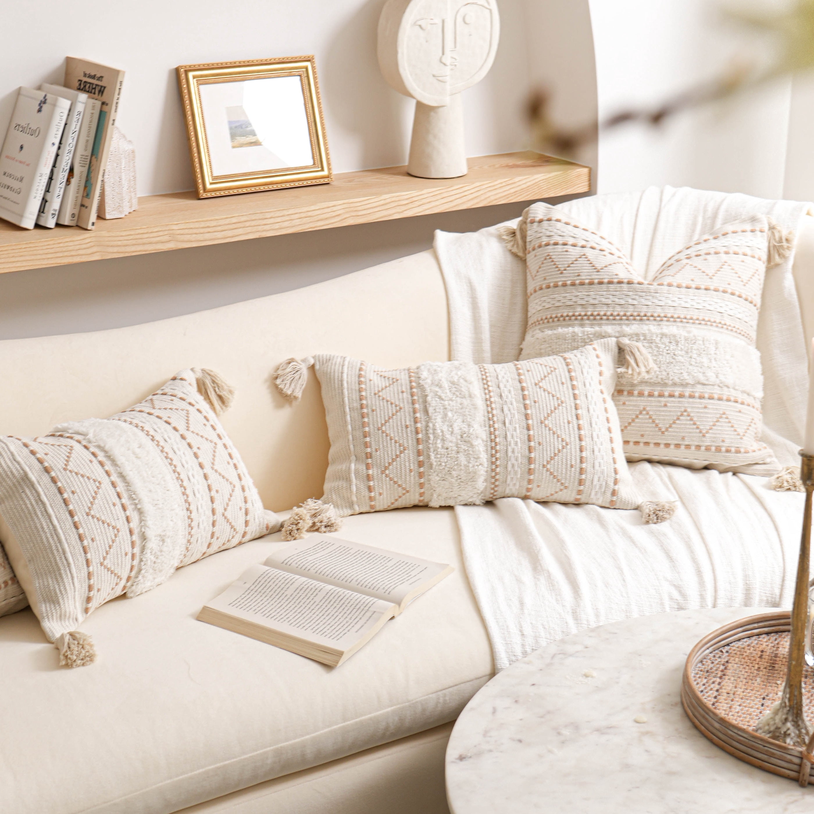 BlissBlush Decorative Throw Pillow Cover 18X18 Combo Set of 2 Square Cream Neutral White Boho Accent Pillowcase Tassels Farmhouse Cushion for Couch Sofa Bedroom Living Room Home Décor Cover ONLY