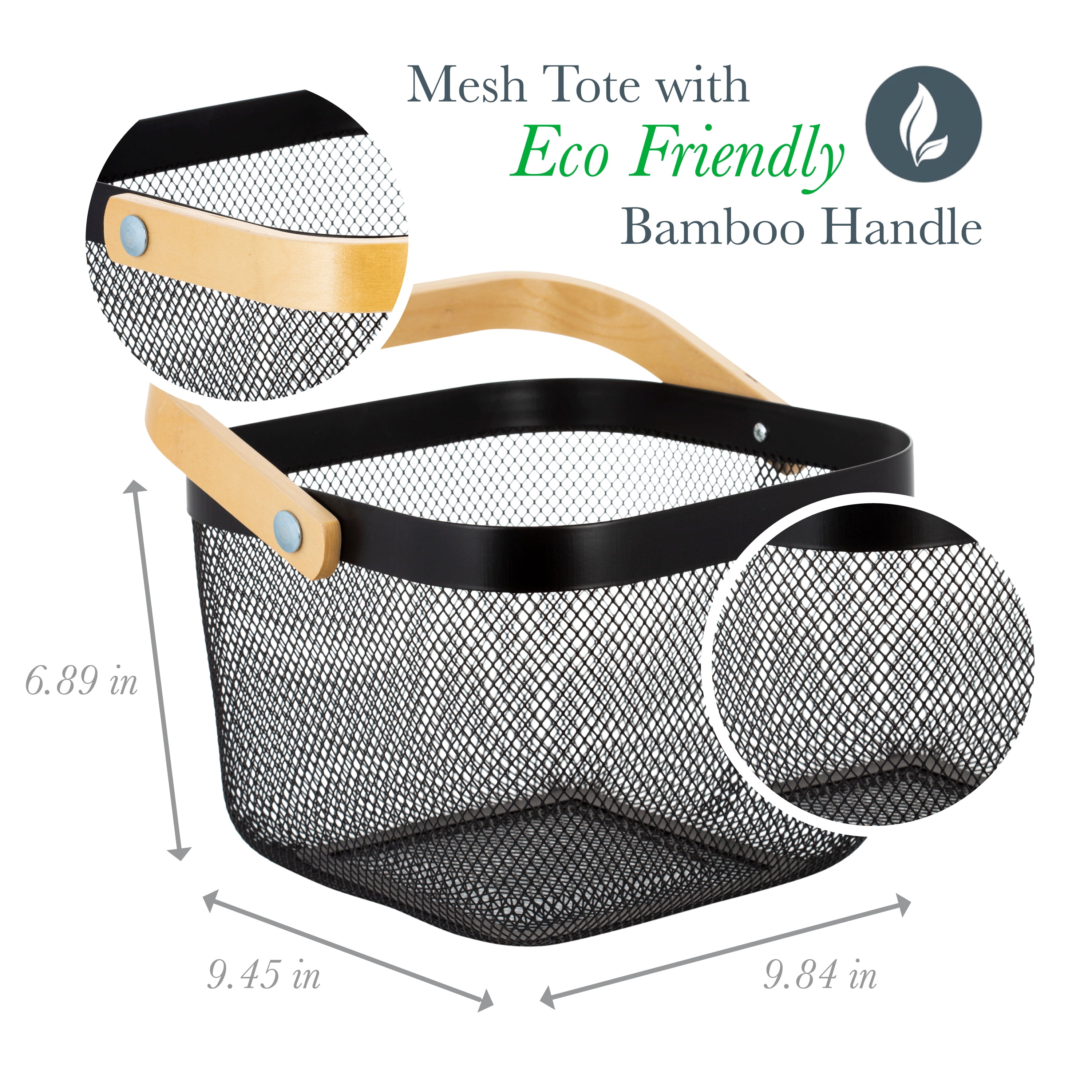Simplify Mesh Tote Basket with Bamboo Handle in Black