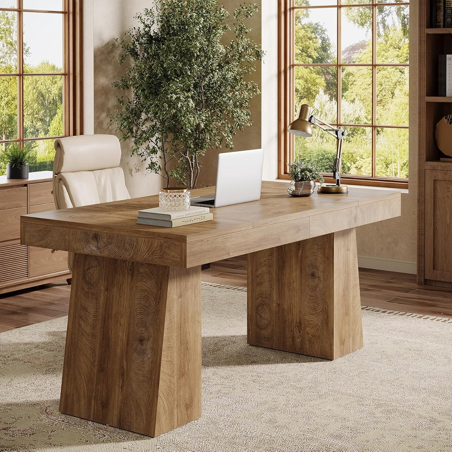 Tribesigns Wooden Executive Desk, 55-Inch Computer Writing Table with Double Pedestal, Light Brown