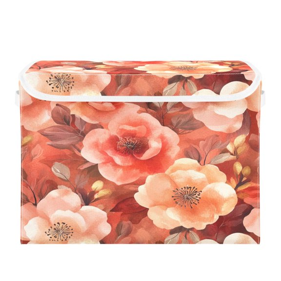 Storage Box With Lid 16.5x12.6x11.8In Foldable Stacked Household Storage Box Vibrant Orange Flowers