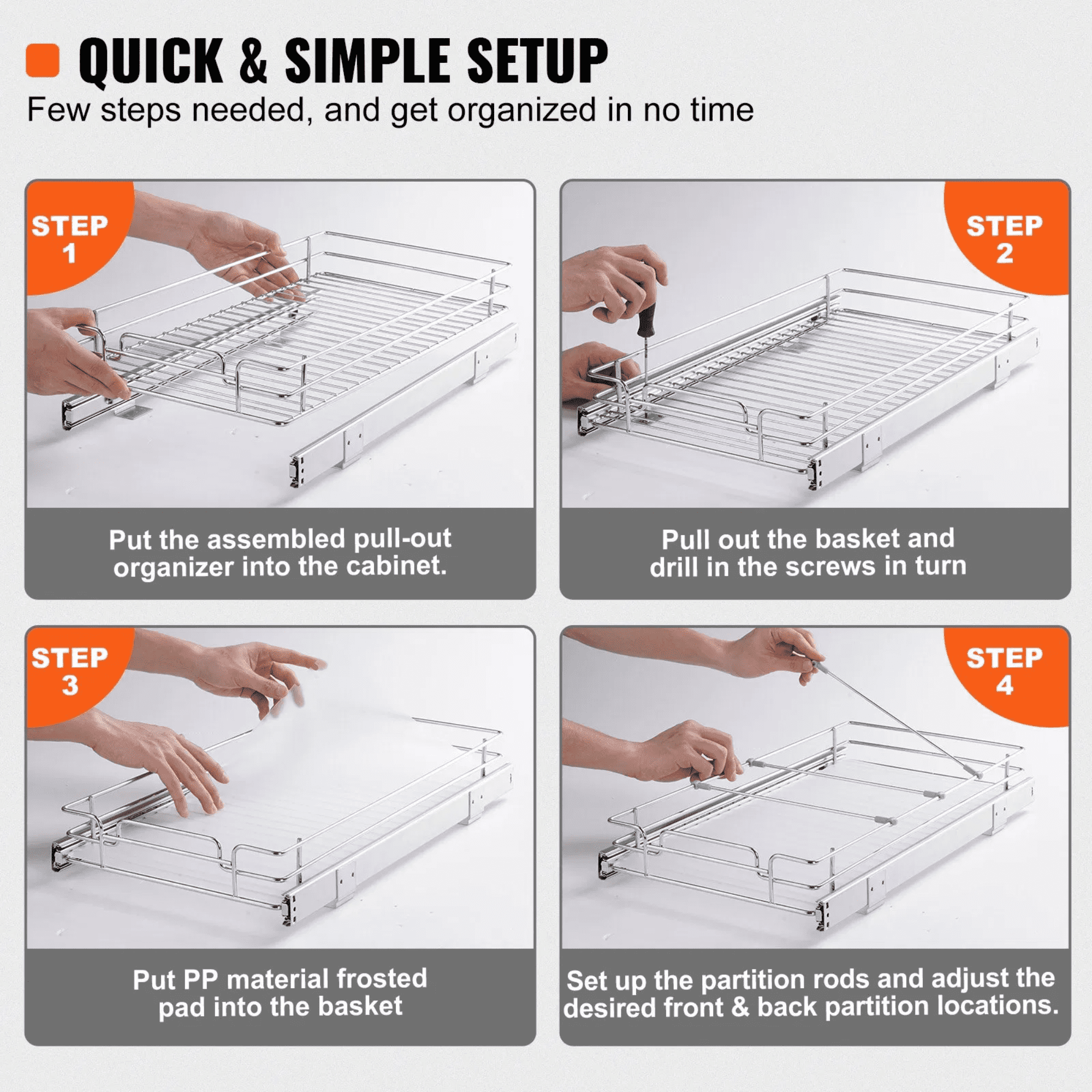 Pull Out Cabinet Organizer, 11” W x 21” D Heavy Duty Sliding Pantry Shelf, Steel Roll-Out Drawer for Kitchen Cabinet, Under Sink Storage Organizer