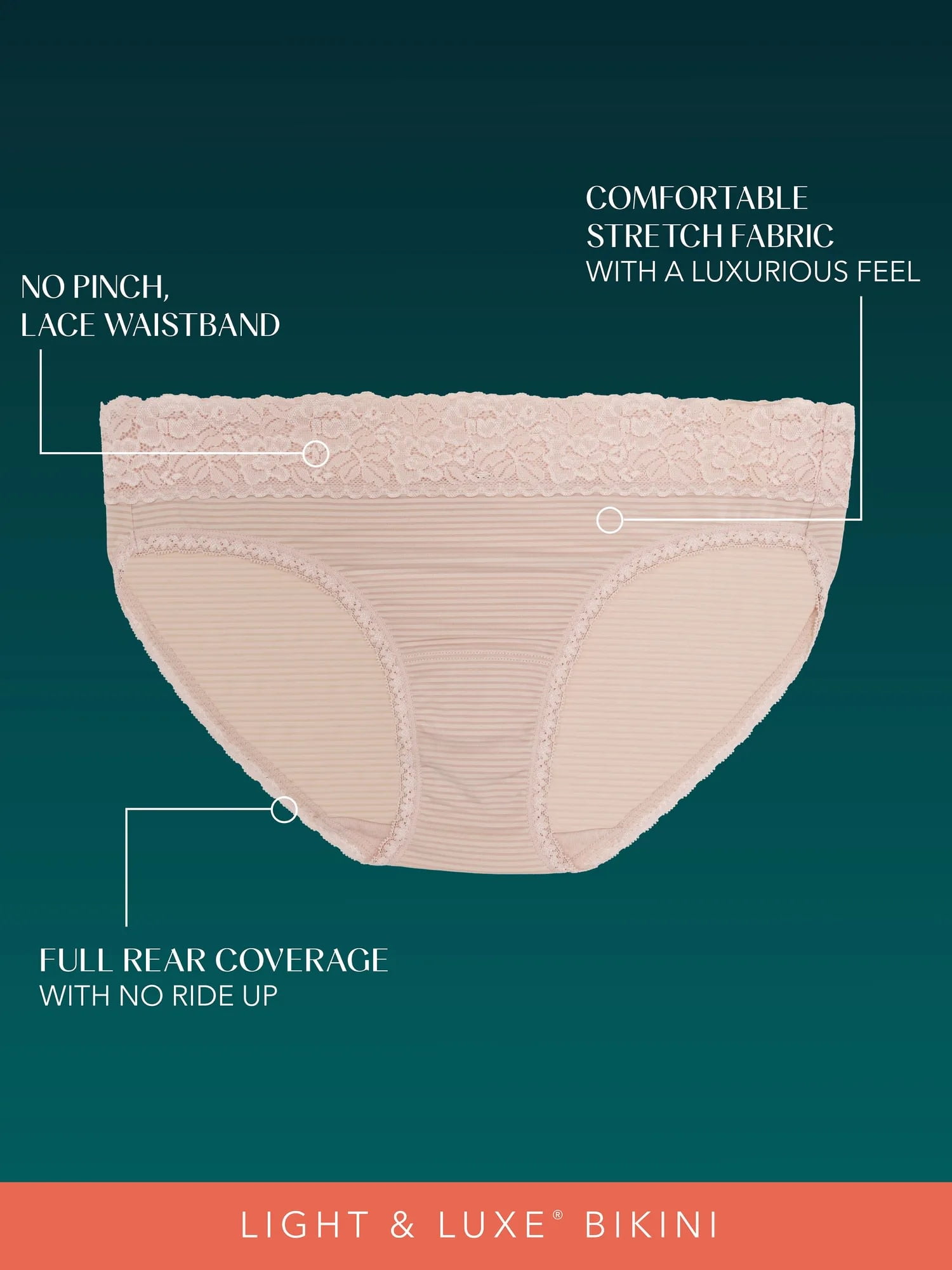 Vanity Fair Radiant Women's Light and Luxe Bikini Underwear - No Pinch, Stretch Lace Waistband, 3-Pack, Sizes S-5XL