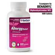 GenCare - Allergy Relief Medicine | Antihistamine Diphenhydramine HCl 25mg (600 Tablets Per Bottle) Value Pack | Relieve for Itchy Eyes, Sneezing, Runny Nose | Seasonal or Indoor & Outdoor Allergies