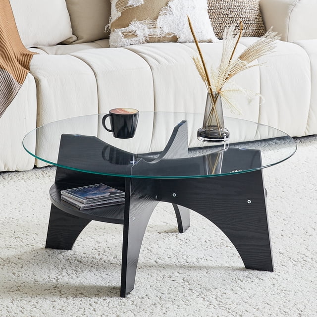 Table Basse Ronde en Verre de 31,5 Pouces pour Salon, Table Centrale Milieu du Siècle Moderne avec Dessus en Verre Trempé, Petites Tables Basses Rondes avec Rangement pour la Maison, le Bureau, Noir