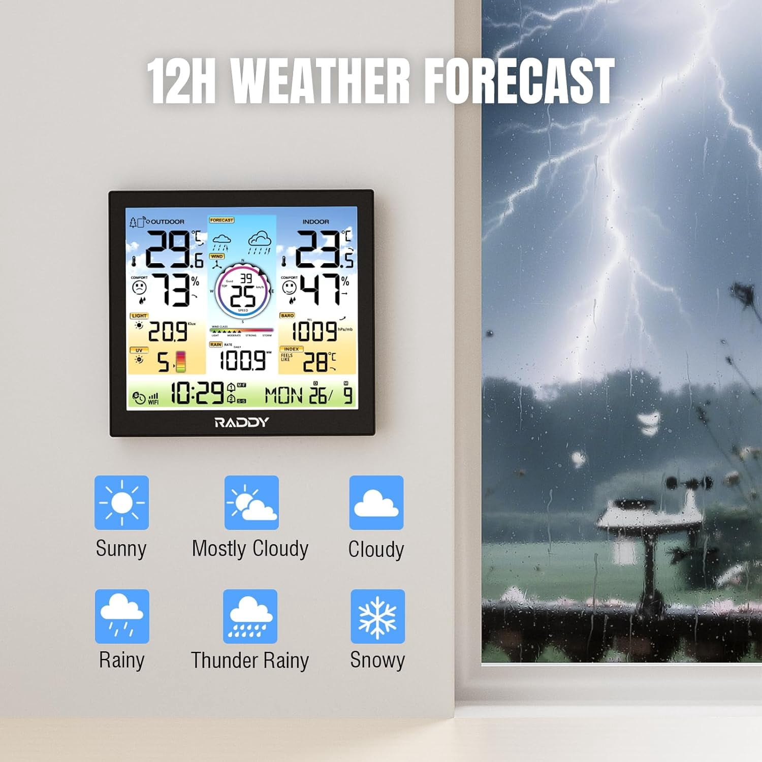 Raddy WF-120C Professional Wi-Fi Weather Station Wireless, Indoor Outdoor Temperature & Humidity Monitor with 10" Digital Color Display, Rain Gauge, Wind Speed, Weather Forecast, UV & Light Index