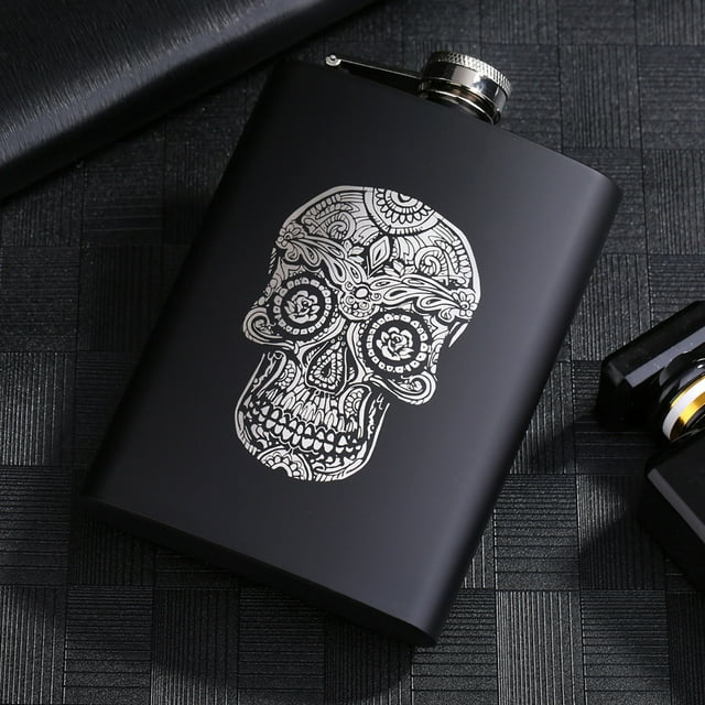 Botella de whisky negra mate de 8 oz, jarra portátil de acero inoxidable para viajes al aire libre, 1862844WT Skull A