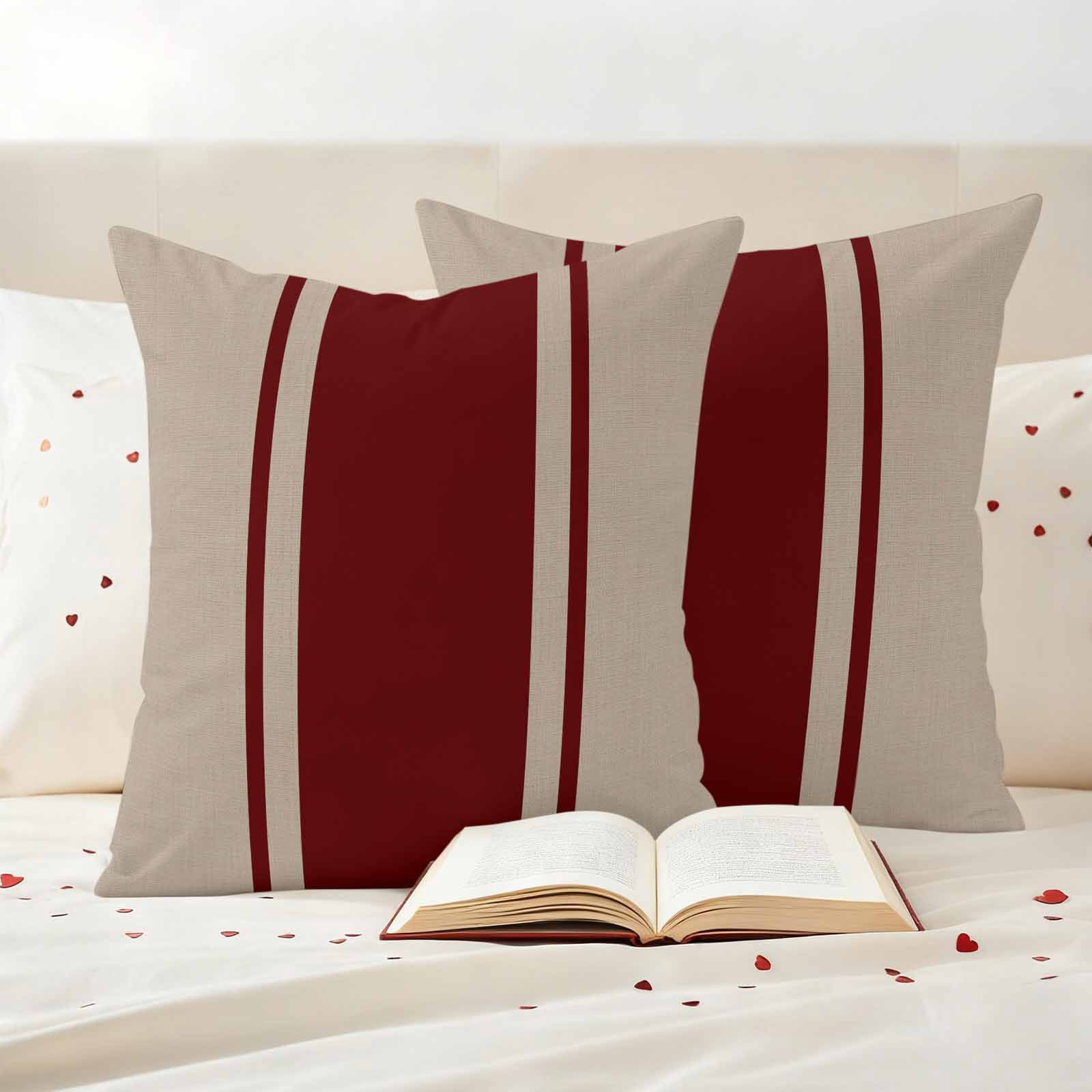 Outdoor Pillow Covers Waterproof, Simpler Red Line Decorative Square Throw Pillowcases Patio Cushion Covers for Tent/Garden, 16" x 16" 2 Pack, Farmhouse Red Striped Abstract