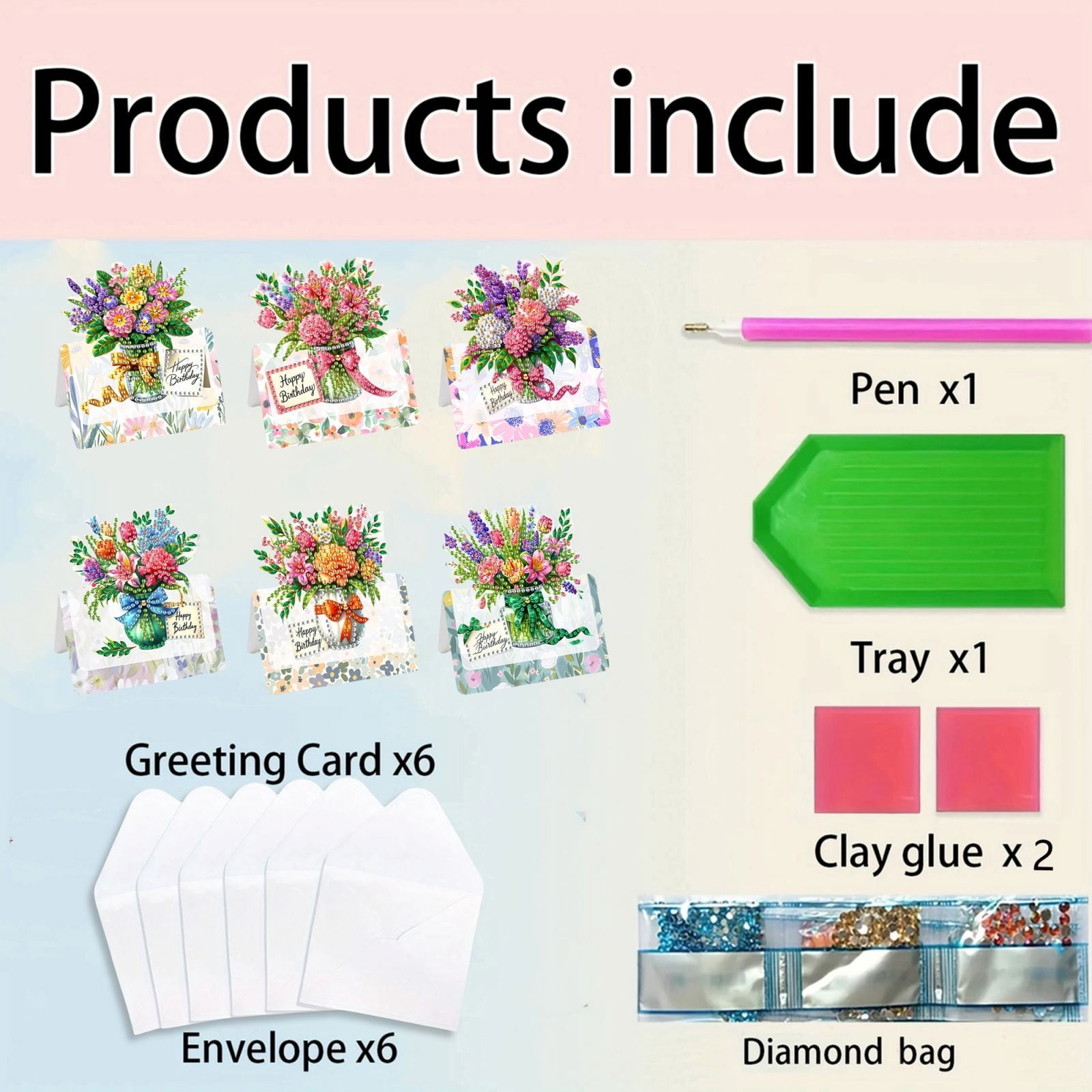 FLOPESN 24Pcs Happy Birthday DIY Diamond Art Painting Greeting Card,3D Folding Card Kit,White 4.5X9.1in Envelopes for Festival Gift