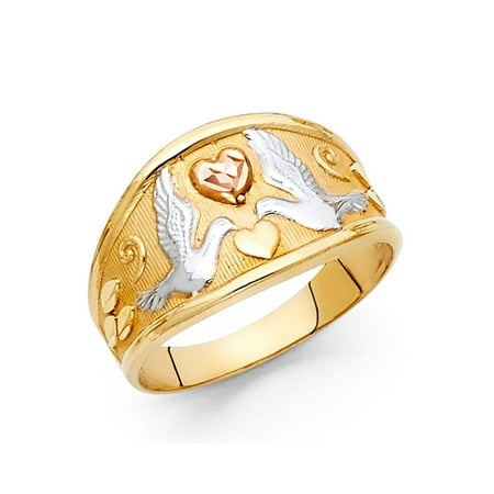 Love Doves Diamond - Womens Tri-color 14K Solid Gold Love Dove Ring, Size 4