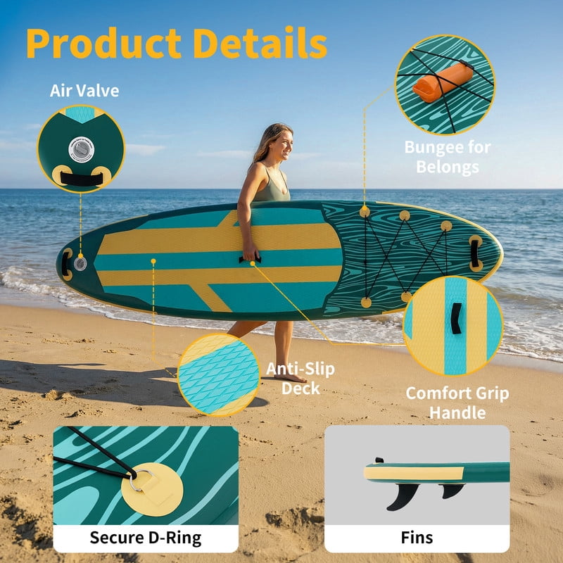 Gianna Inflatable Stand Up Paddle Board 10'6", Non-Slip EVA Deck with SUP Accessories, Wide Stable Design, Leash, Backpack & Pump for Adults & Youth of All Skill Levels，Yellow and Green