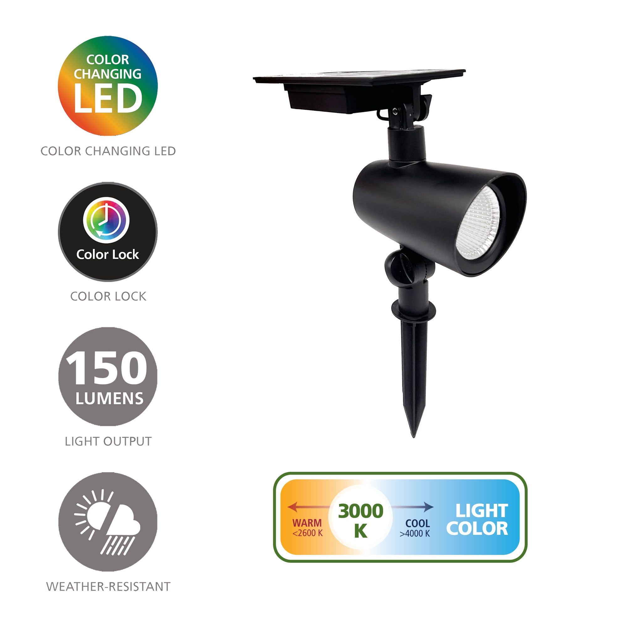 Better Homes & Gardens Taylor Solar Powered Black Cast Metal Color Lock LED Spotlight, 150 Lumens, 2 Pack