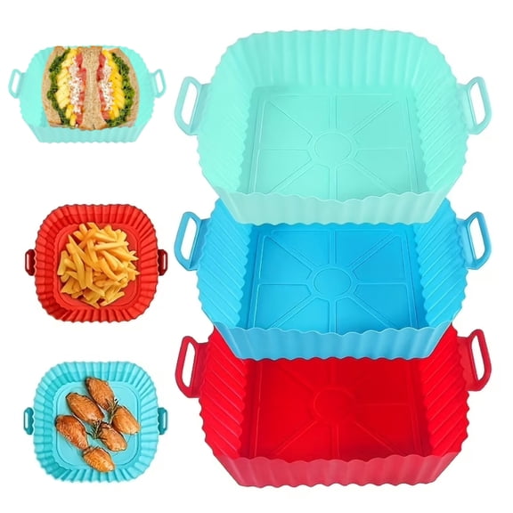 3 Pack 8 Inch Air Fryer Silicone Liners for 3.6 to 6.8 QT Air Fryers, Non-Stick Reusable Silicone Pot Basket Bowl Liner Baking Tray Air Fryer Accessories, Square Airfryer Liner