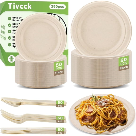 250 PCS Compostable Paper Plates Set,Compostable Plates Sugarcane Utensils,Disposable Dinnerware Set,Include Biodegradable Plates,Extra Long Forks,Knives,Spoons for Party