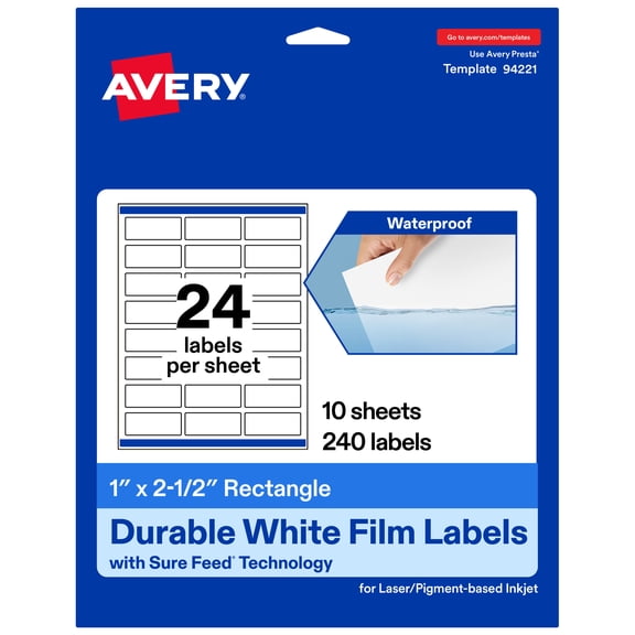 Avery 1" x 2-1/2" Waterproof Rectangle Labels, 240 Labels