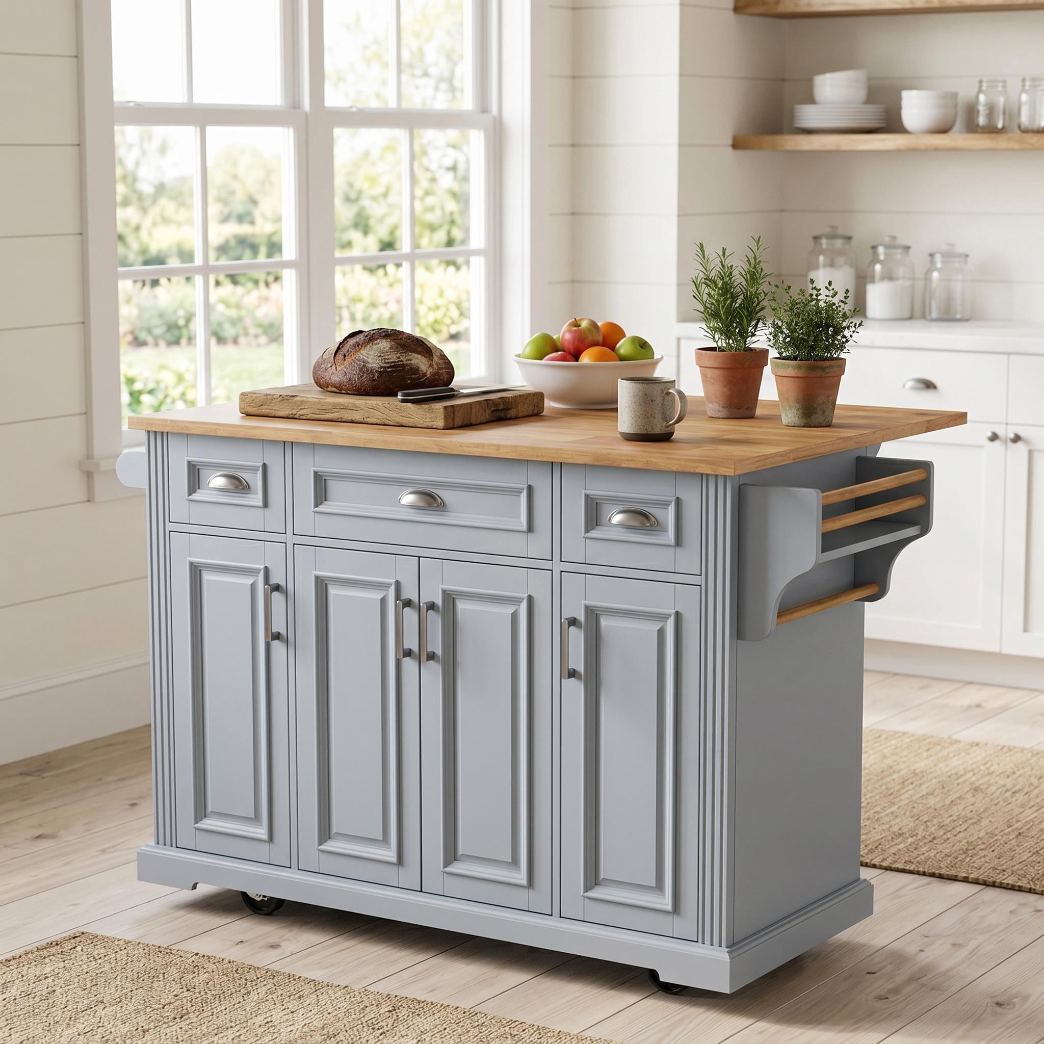 Homy Casa Rolling Kitchen Island Cart with Storage, 3 Drawers, 4 Doors & Side Rack, Gray/Natural for Kitchen and Dining Room