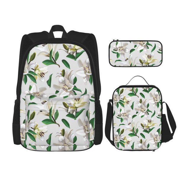 Balery Lilies Flowers Mochila Escolar 3 en 1 para Niños - Mochila Resistente con Lonchera Térmica y Estuche - Mochila Escolar para Niños y Niñas