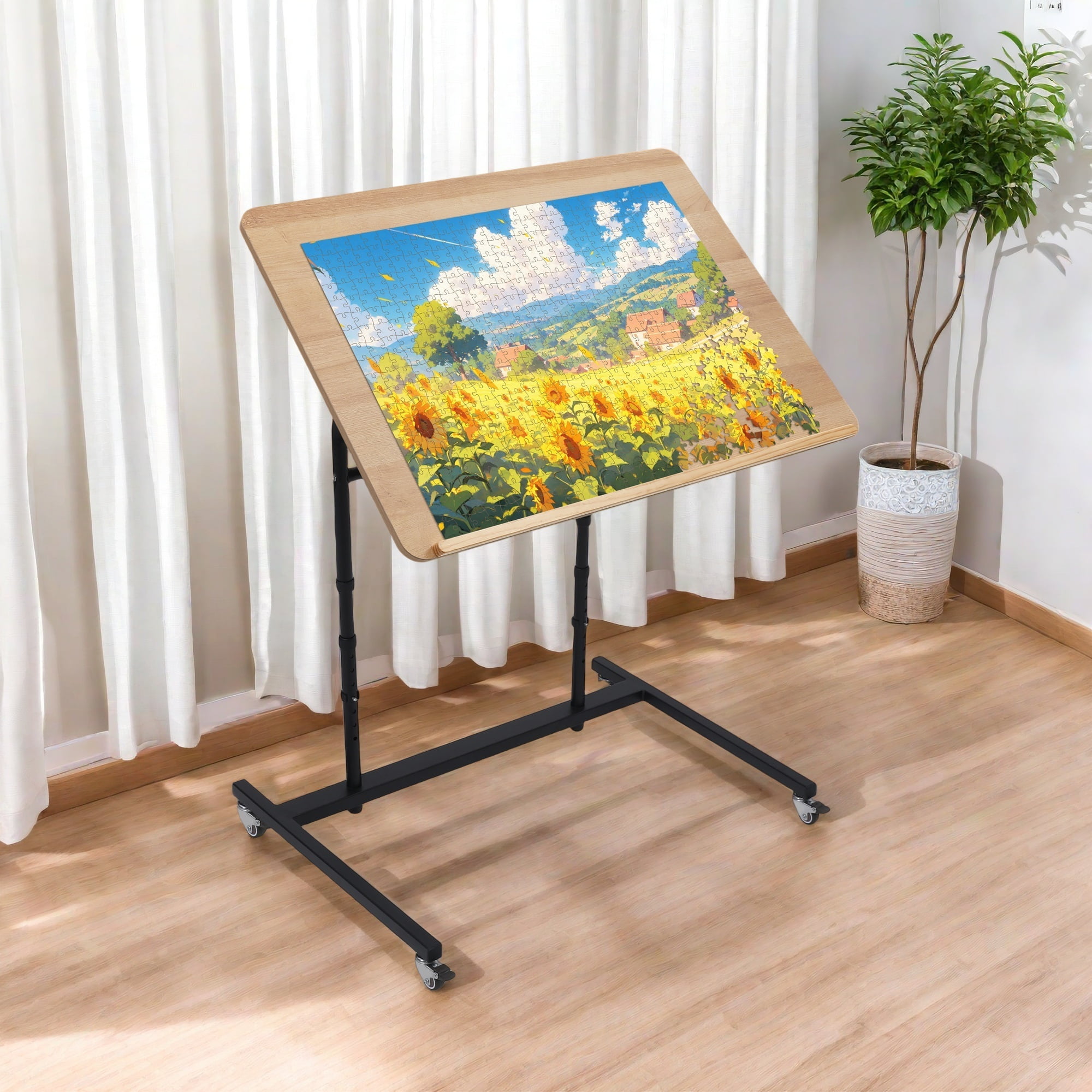 KROFEM Extra Large Rolling Puzzle Table with Wheels, Adjustable Height, Pneumatic Tilt, Fits 1500 Pieces, Portable Puzzle Cart, Black