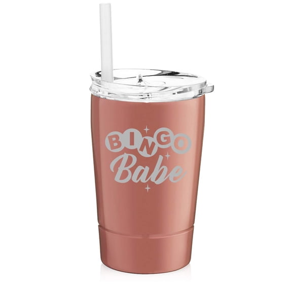 12 oz Tumbler Double Wall Stainless Steel Vacuum Insulated Coffee Travel Mug With Straw Bingo Babe (Rose Gold)