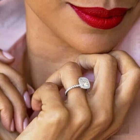 2.00Ct Cushion Cut Simulated Diamond Double Halo Women's Engagement Ring 14K White Gold Plated Silver