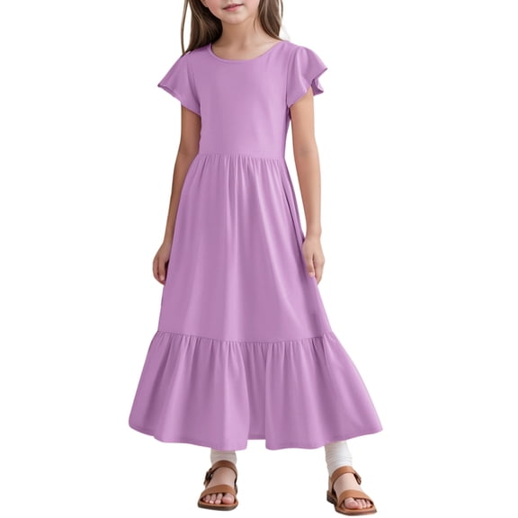 Big Girls Summer Dresses Pleated Short Sleeve Round Neck Loose Casual Flowy Layered Extra Long With Pockets Graduation Dress For Girls Size 10-11T