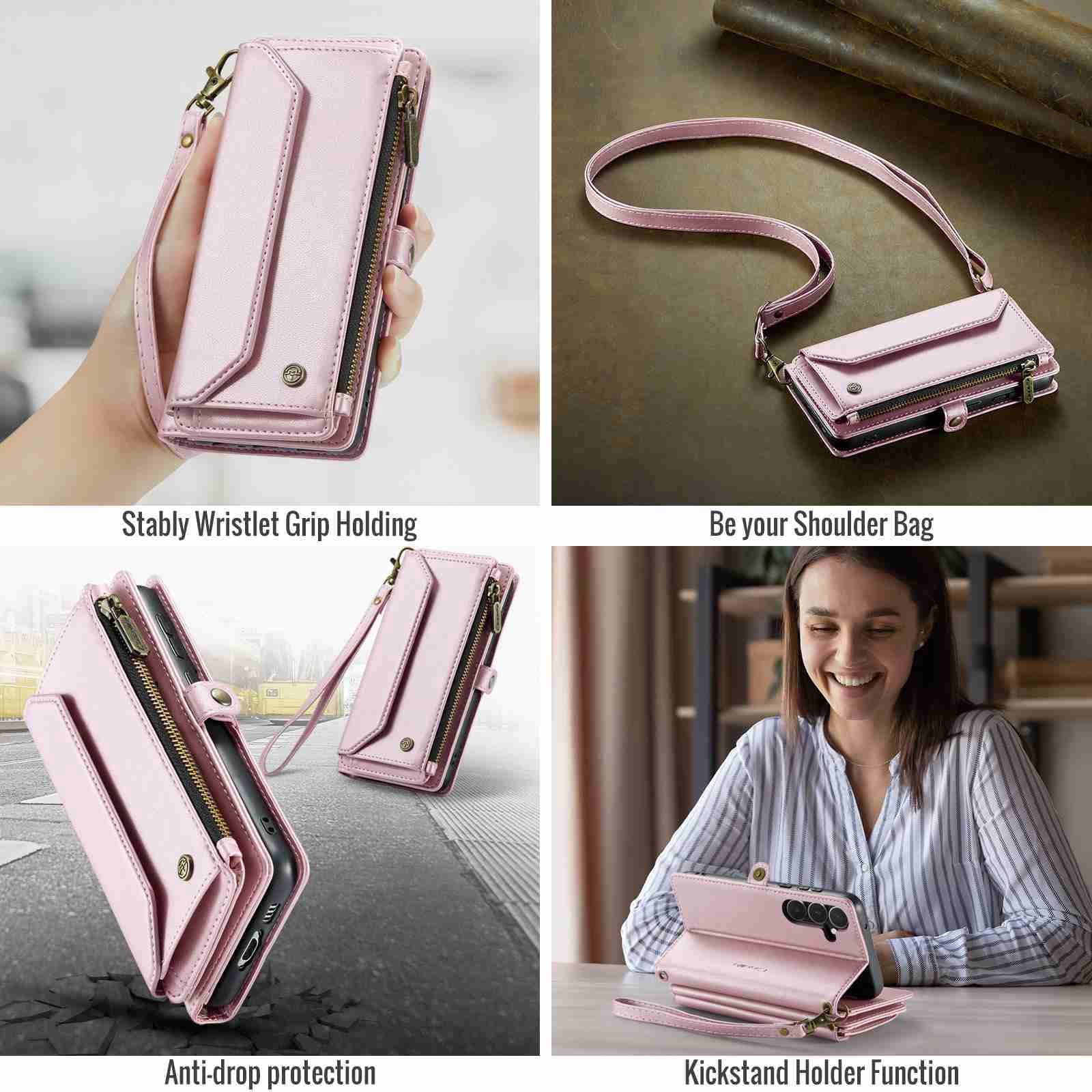 Dteck for Samsung A35 Case with RFID Blocking Wallet Case for Women Men, Shockproof PU Leather Magnetic Flip Strap Zipper Card Holder Phone Case,Pink