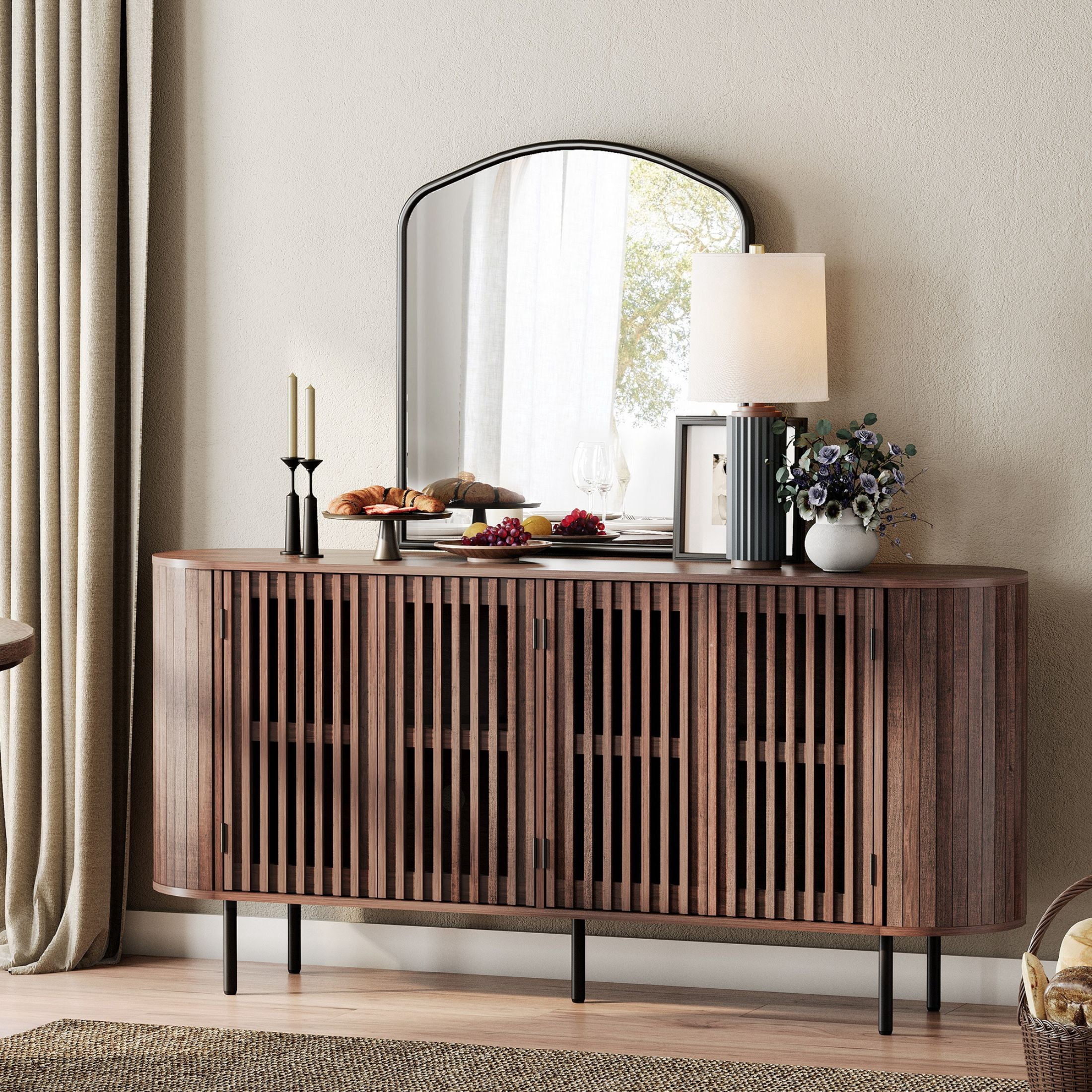 FITUEYES 64" Sideboard Buffet Cabinet with 4 Storage Compartments, Modern Curved Design Coffee Bar Cabinet for Living Room, Dining Room & Entryway, Walnut