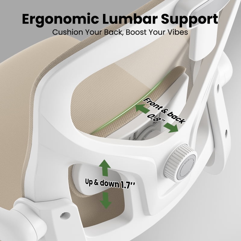 Ergonomic Office Chair, Home Office Desk Chair with Headrest, High Back Computer Chair with Armrests and Adjustable Lumbar Support for Home Office Study Room, White & Khaki