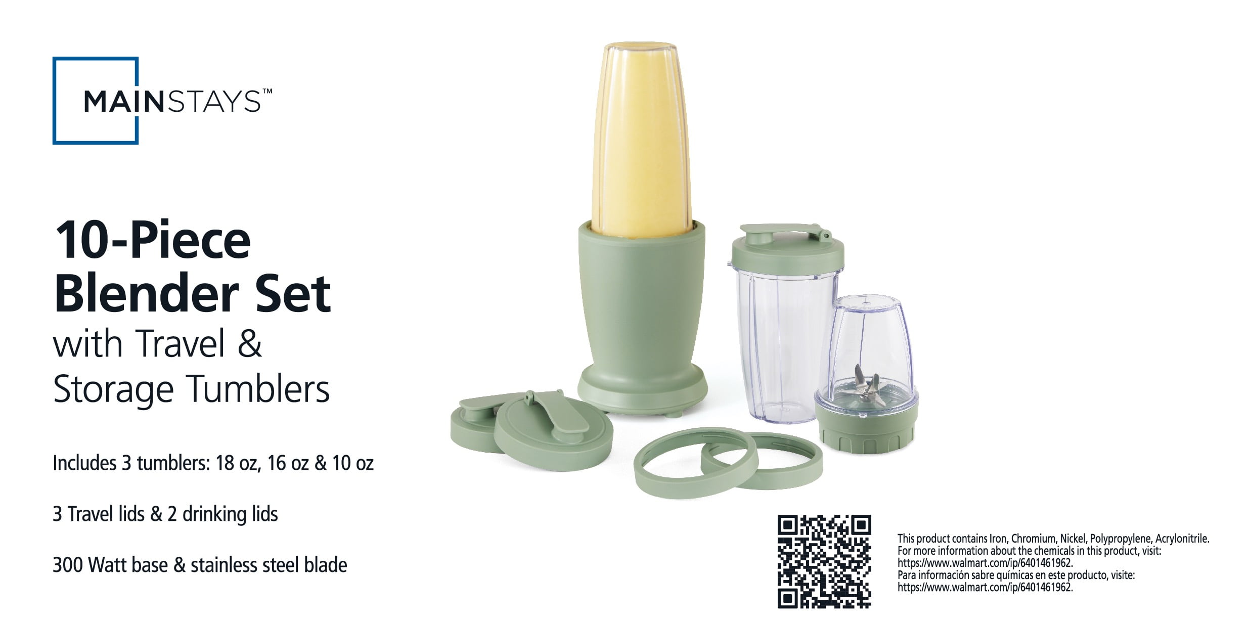 Mainstays 10-Piece Blender Set, Green Sage, 300W, with 3 Jars (10oz, 16oz, 18oz), 2 Drinking Lids, Stainless Steel Blade