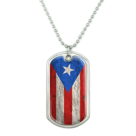 Rustic Distressed Puerto Rico Flag Wood Look Military Dog Tag Pendant Necklace with Chain