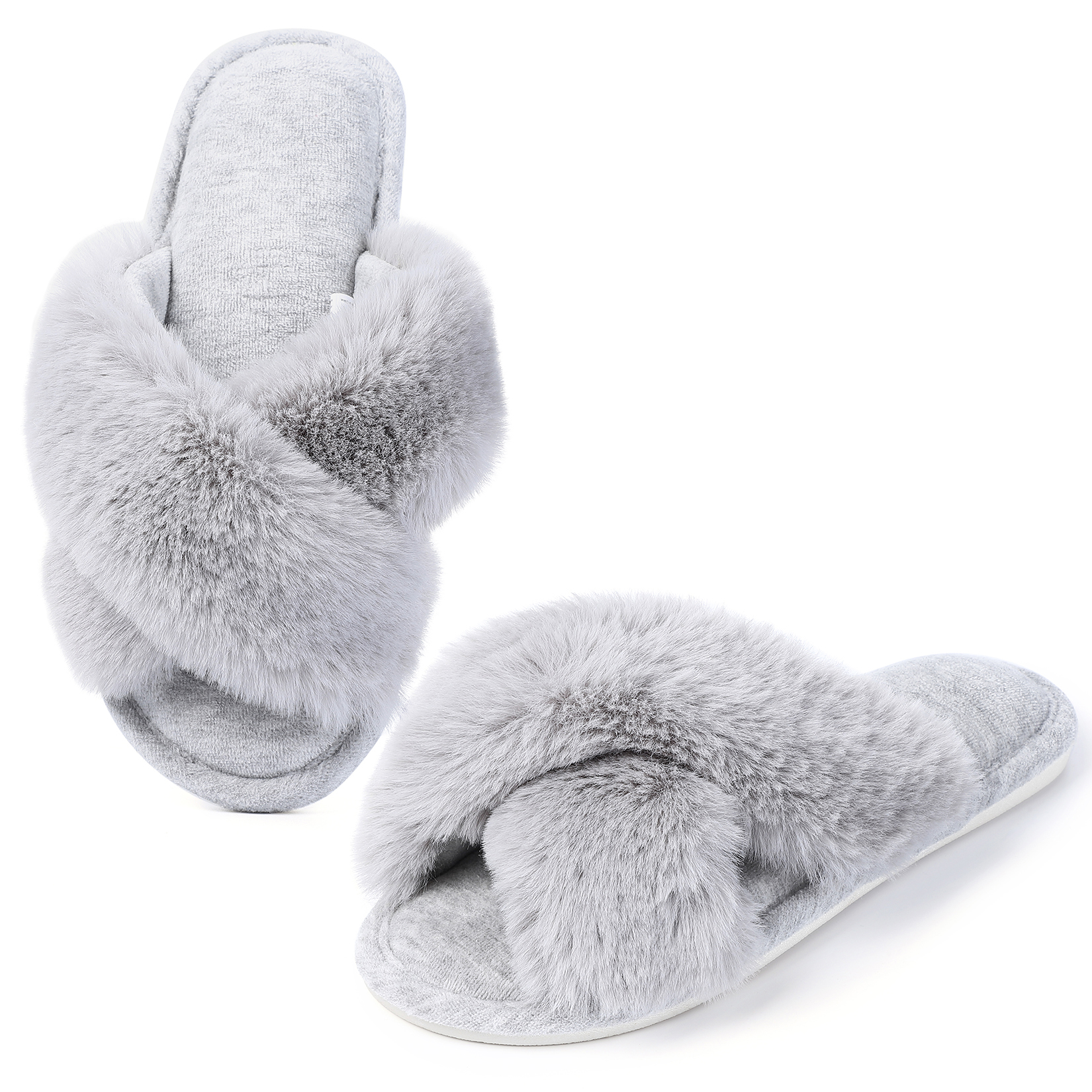 EastVita Fuzzy Cross Band Slippers Soft Plush Furry Fur House Shoes