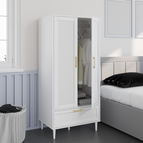 White Modern Bedroom Armoire With 2 Doors, Hanging Rod, and Drawer Storage Cabinet