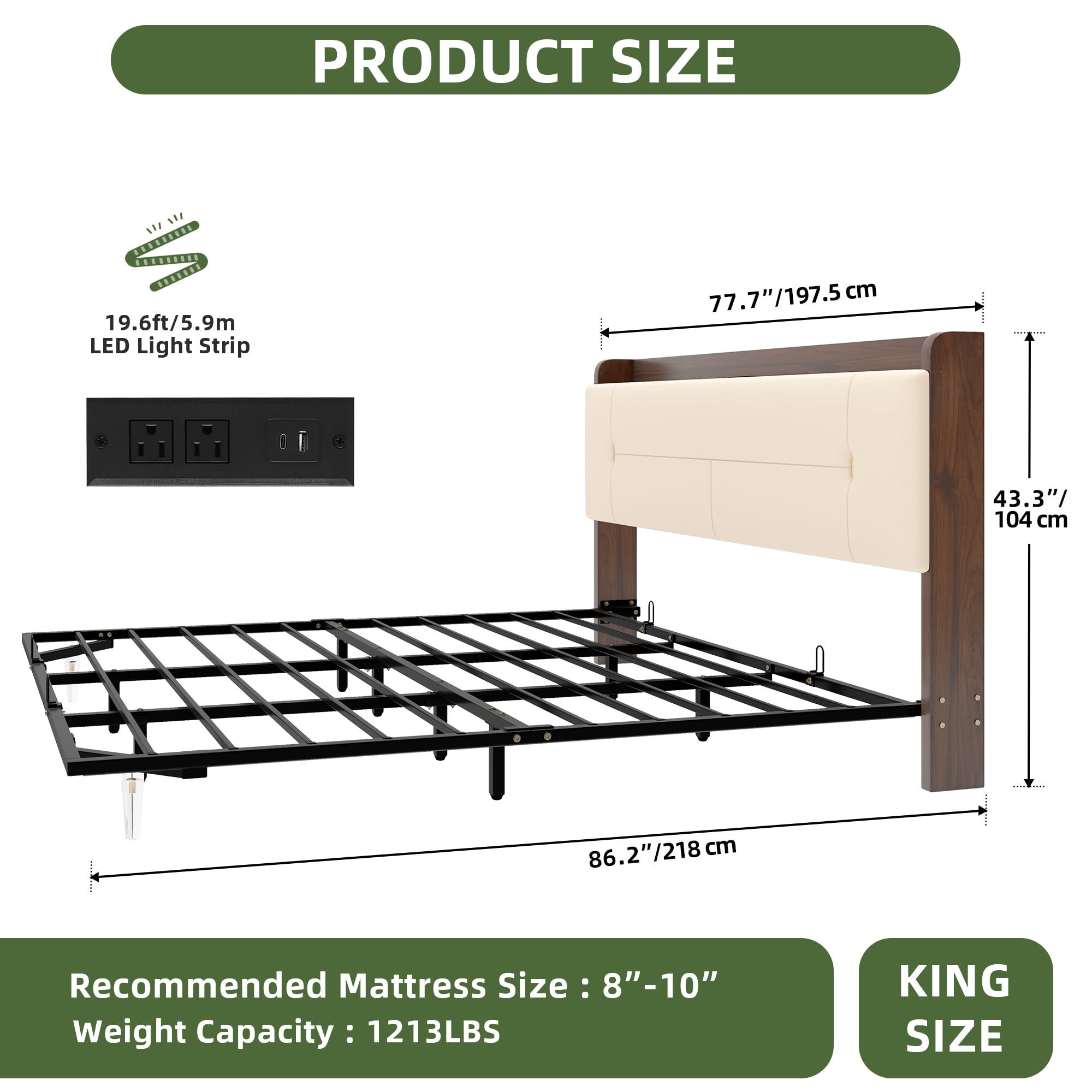 Uforic Beige Faux Leather King Bed Frame with LED Lights & Charhing Ports, Storage