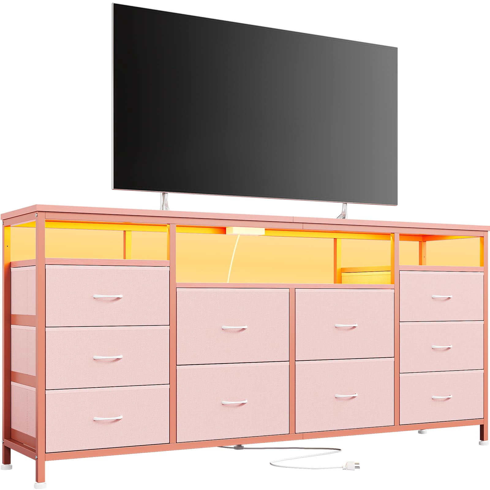 TROPOW Tv Stands for Living Room,10 Drawer Dresser Tv Stand for 65 70 75 Inch Tv,63" W Long Fabric Dresser Entertainment Center, Chest of Drawers Dresser for Bedroom with Led Lights & Power Outlets