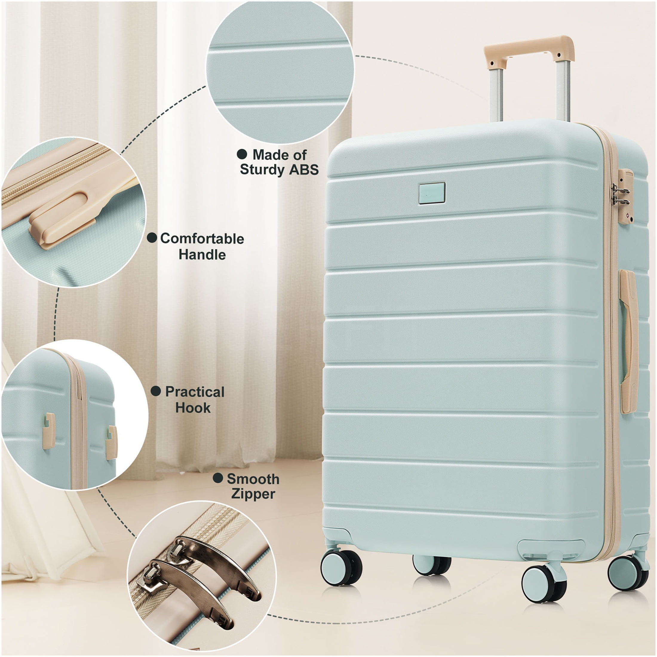 JERFIT 3-Piece ABS Hard Shell Suitcase Set with TSA Lock, 20/24/28 Inch Spinner Wheel Luggage, Green