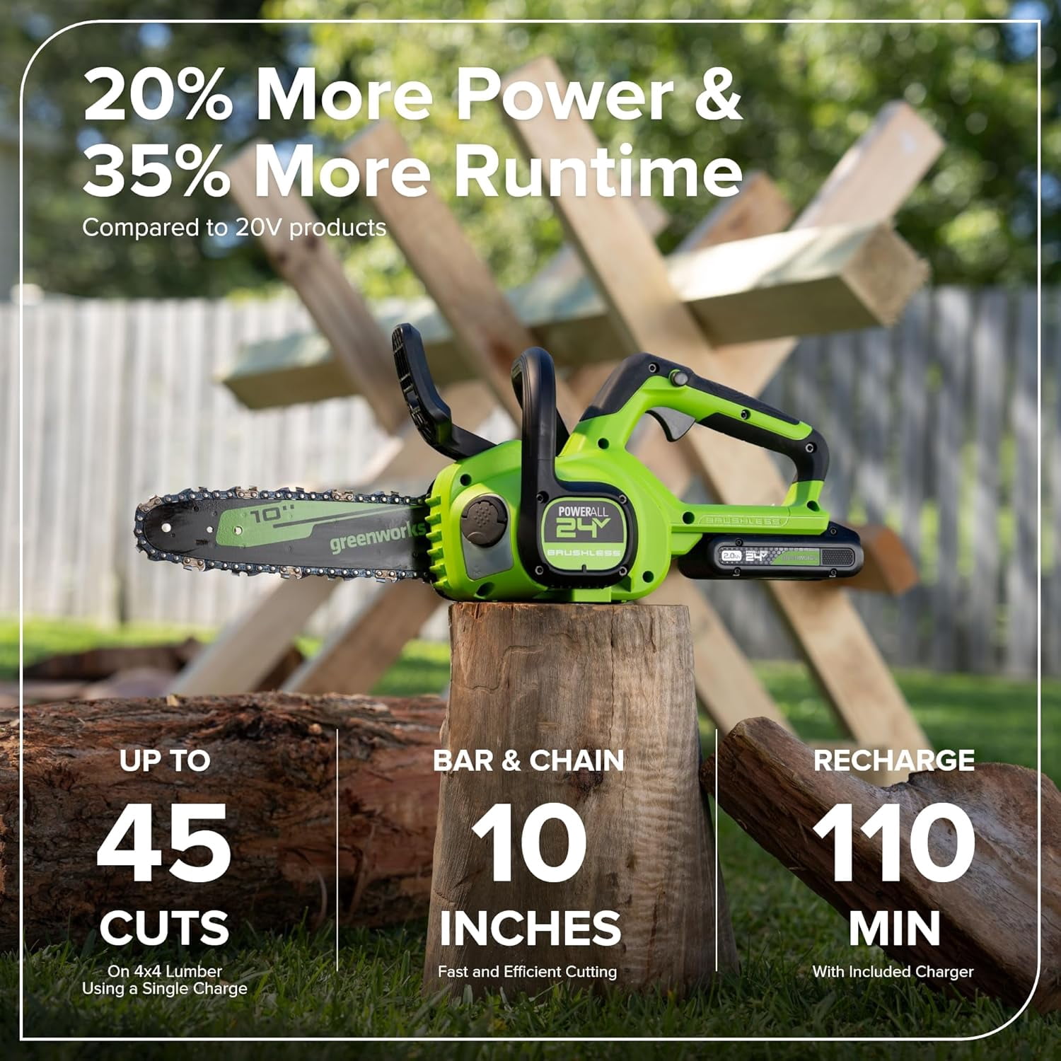 Greenworks 24V 10'' Brushless Chainsaw, 2.0Ah Battery and 30W Type-C Charger