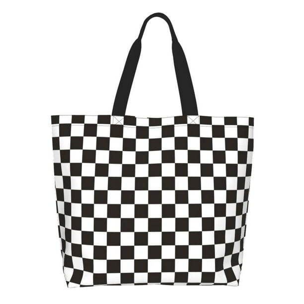 Balery Black and White Checkerboard Bolsa Tote Estilo Estético con Cremalleras, Bolsa de Hombro, Bolsa de Compras Grande y Plegable