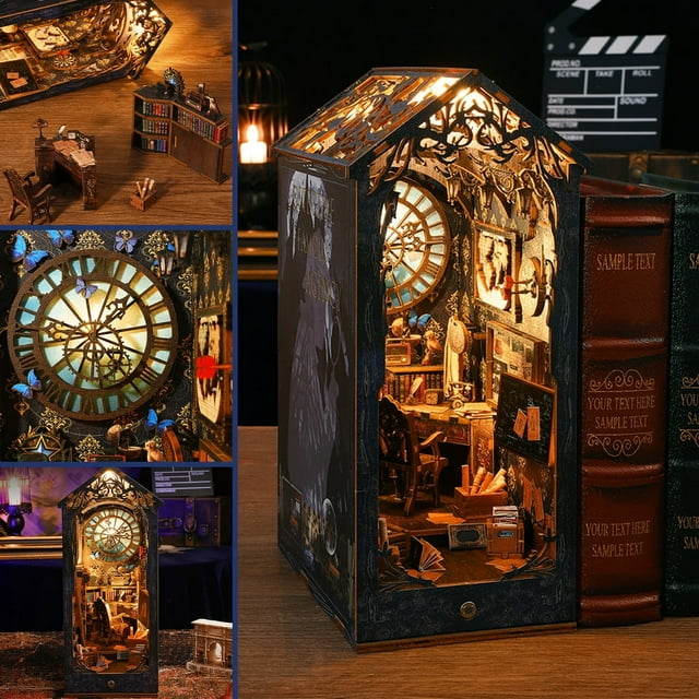 Dosaele DIY Book Nook Kit 3D Wooden Puzzle Bookshelf Insert Decor with Light DIY Miniature Dollhouse Model Kit Creative Educational Bookshelf Insert Bookend Building Kits for Kids Adults