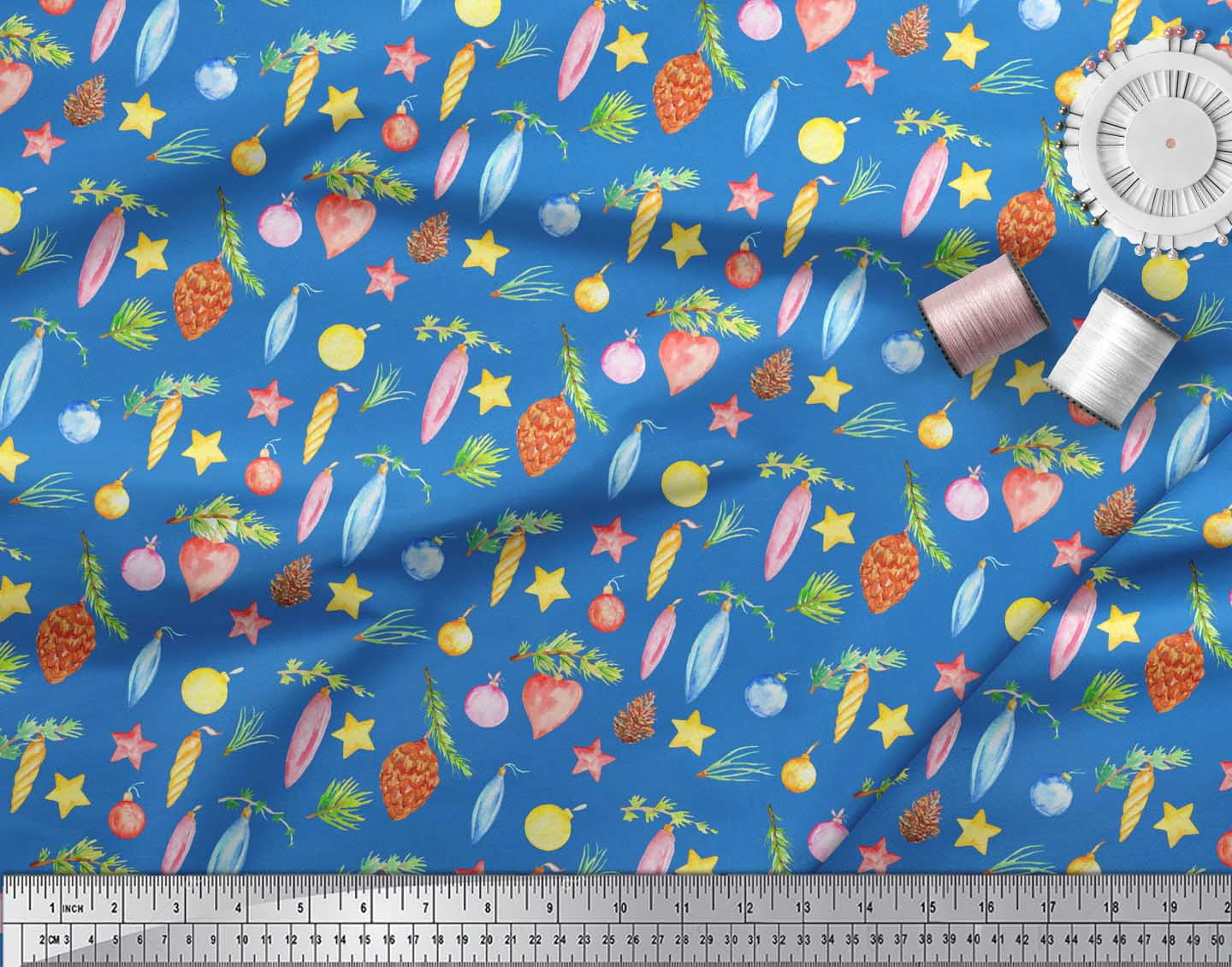 Soimoi Blue Heavy Satin Fabric Star & Baubles Christmas Printed Fabric 1 Yard 54 Inch Wide