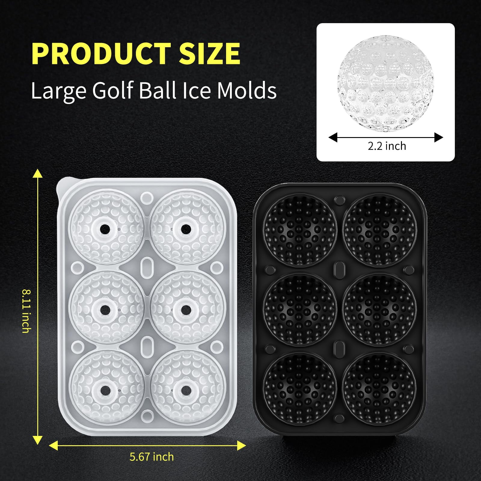 6 Chamber 2.2" 3d Golf Gifts Ice Cube Tray With Funnel Large Round Ball Maker Mold Silicone Fun Shapes Sphere Molds For Chilling Brandy And Beverages