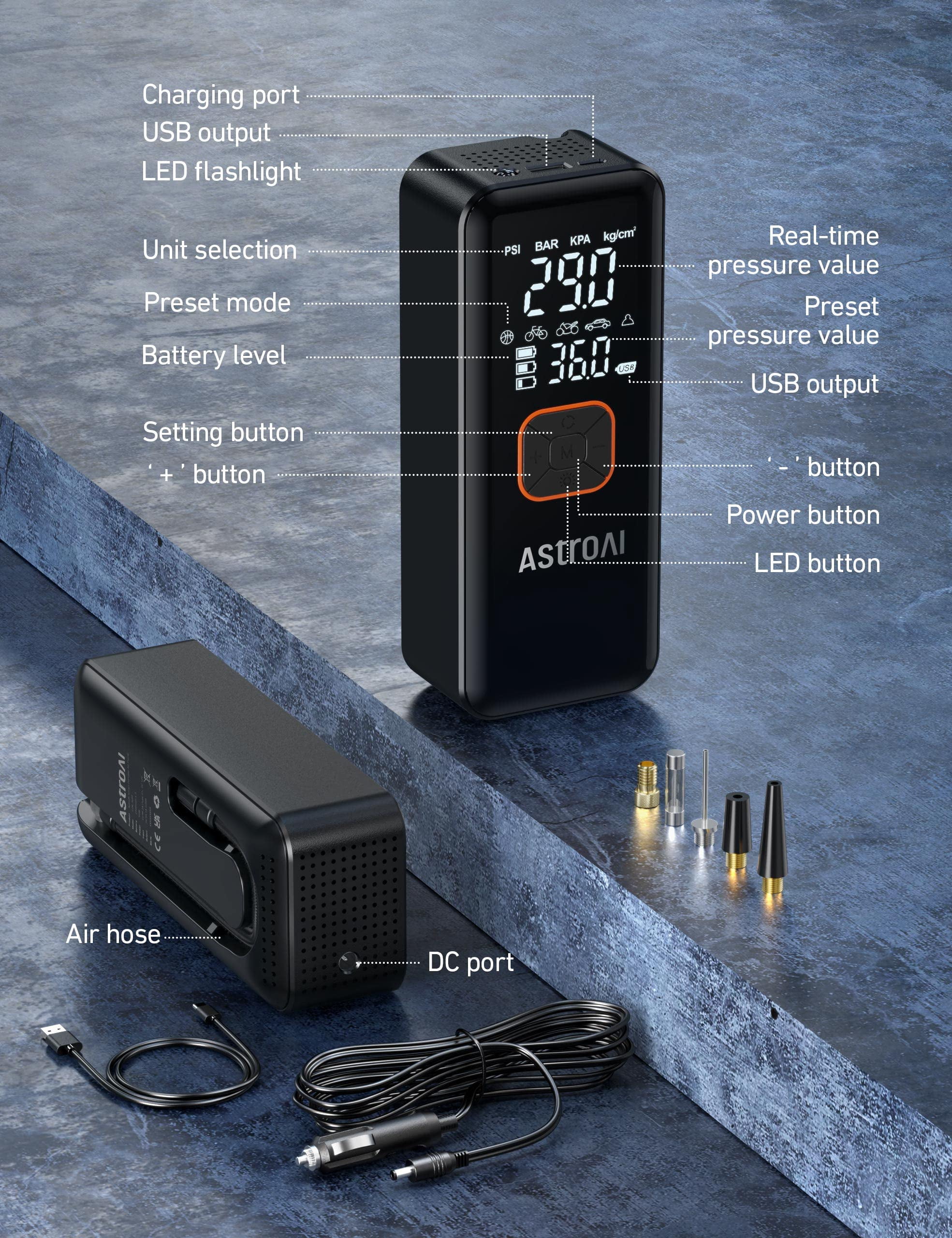AstroAI L2 Tire Inflator Portable Air Compressor, Cordless Car Tire Pump with 6600 mAh Battery & DC Cord