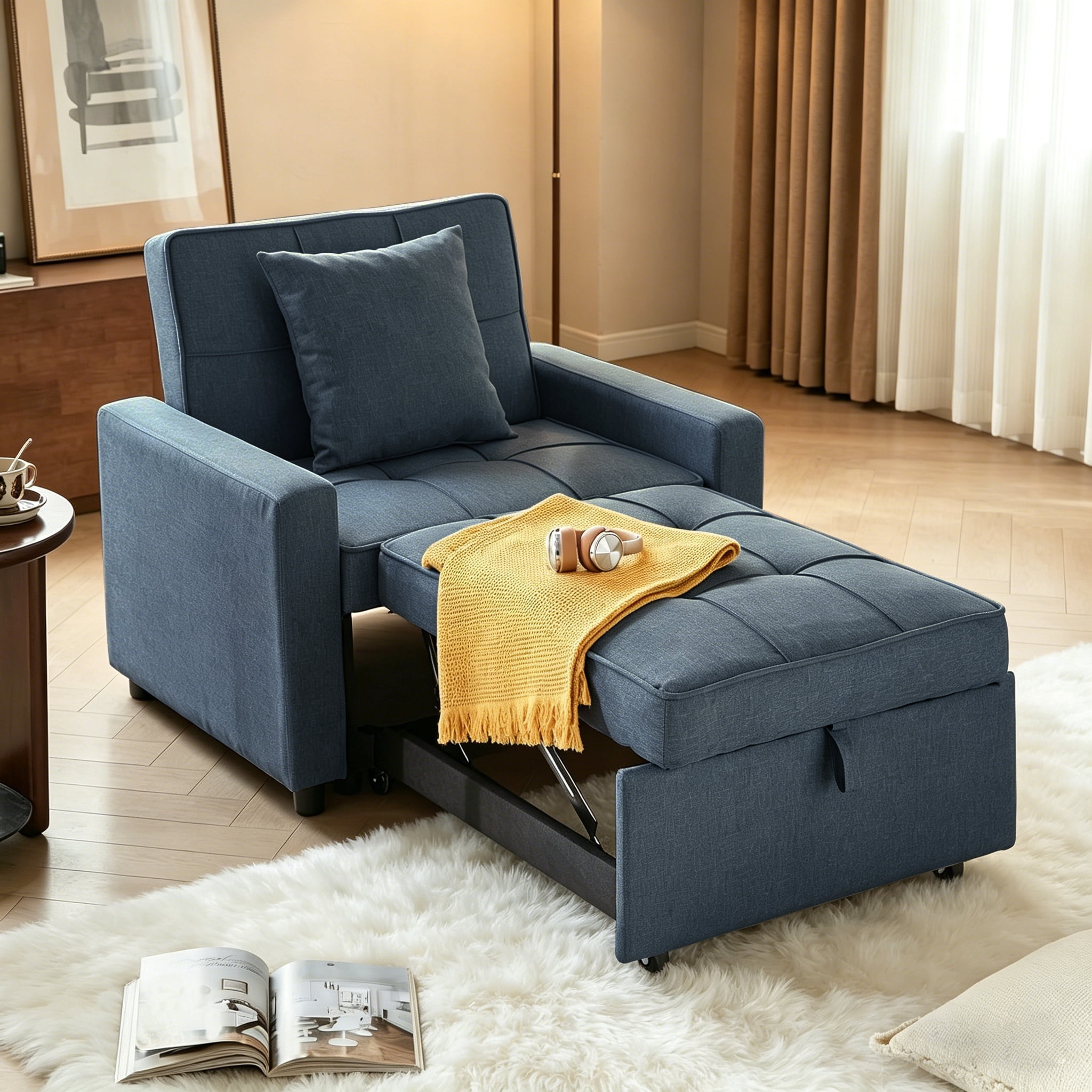 Gewnee 3-IN-1 Folding Sofa Bed Chair,Converts to Guest Bed & Office Chair,Adjustable Backrest,Wheels & Handle,Space-Saving for Apartment,Small Room,Office.Navy Blue