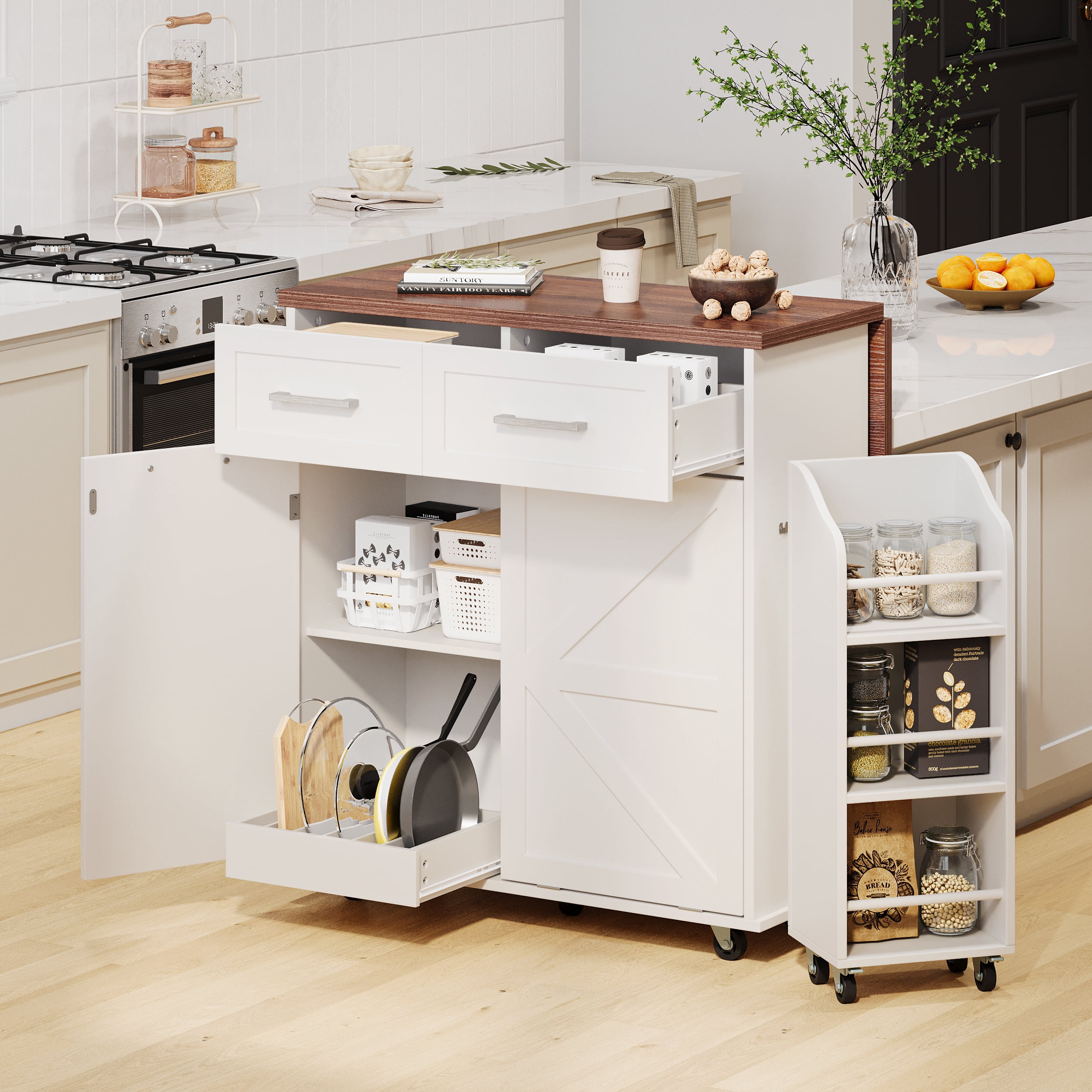 Euroco 47.2" Farmhouse Kitchen Island with Drop Leaf, Kitchen Storage Island with Removable Side Racks, Two Drawers, Rolling Kitchen Cart on Wheels with Towel Rack